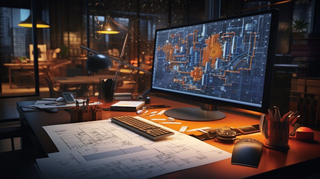 A juxtaposition of a traditional architect's desk, filled with pencils, rulers, and sketches, beside a modern setup with computers displaying AI software, 3D models, and digital blueprints.