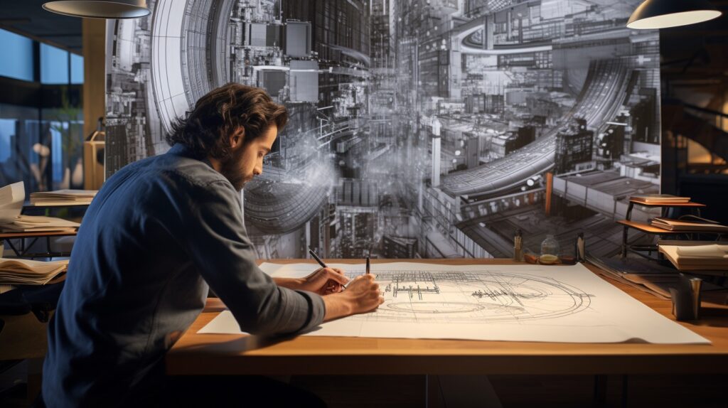 A split image - one side showcasing an architect deeply engrossed in sketching a design, and the other side depicting the same design being enhanced and analyzed by AI software.